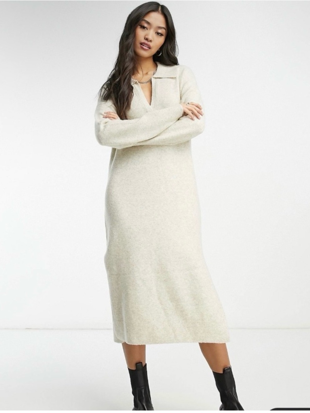 Abercrombie & Fitch Soft AF Collection Collar Sweater Midi Dress Small Cream